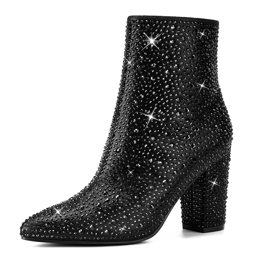 NWT Rollda SUEDI Rhinestone Ankle Boots Pointed Toe Block Heel Sz 6